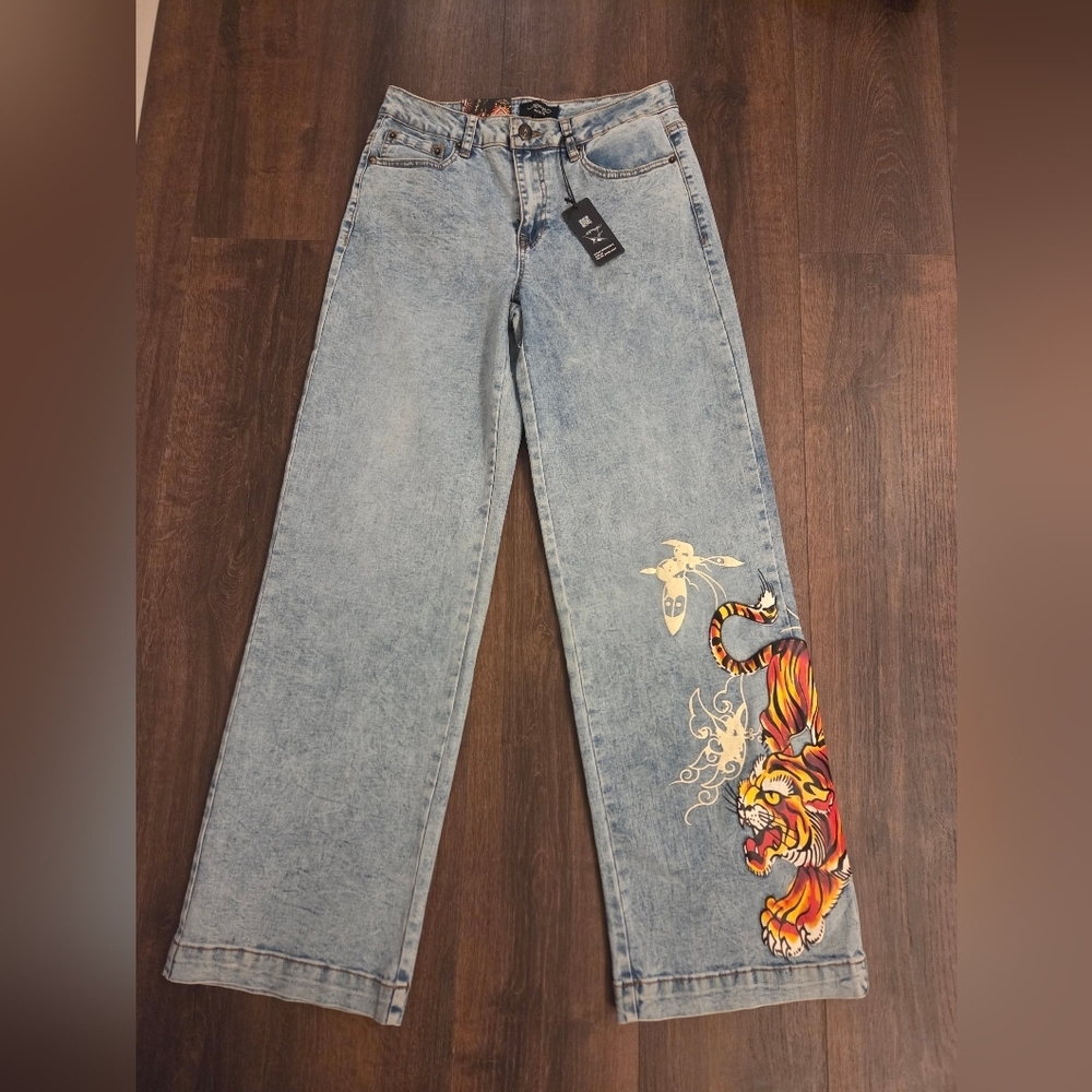 NWT Y2K Ed Hardy Crawling Tiger Stretch Wide Leg Jeans - Light Wash - Picture 2 of 9